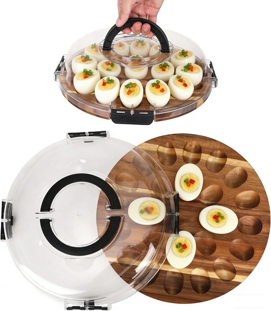 Deviled Egg Containers with Lid, 24 Holes Wooden Deviled Egg Platter Serving Tray Food Dish Containing Holder for Easter Christmas Home Kitchens Carrier Supply