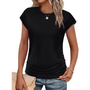 SAMPEEL Womens Summer Tops Trendy 2025 Ruched Cap Short Sleeve Tshirts Shirts Crew Neck T Shirts Fashion (Medium, All Black)