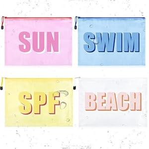 Aileam 4PCS Beach Makeup Bags SPF Cosmetic Bags for Women Girls Summer Varsity Zipper Pouch Clear Waterproof Beach Toiletry Organizer Trendy PVC Makeup Bag for Travel Sandproof Essential