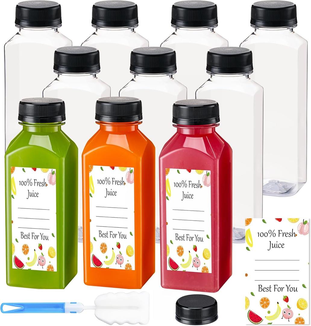 10 pcs 12oz Pcs Juice Bottles, Juice Bottle with Caps Reusable Empty Clear Bottles Beverage Containers for Juicing, Drinking, Smoothie and Other Beverages (12oz)