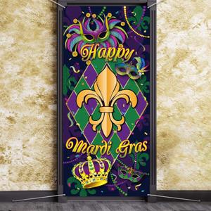 Blulu Mardi Gras Door Cover, New Orleans Carnival Front Door Decorative Hanging Welcome Banner Flag Fabric Happy Mardi Gras Sign Masquerade Party Backdrop for Party Favors, 78.7 x 35.4 Inch