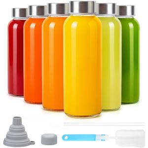 Sursip 10 oz Glass Juice Bottles, 6 Pack with Stainless Steel Lids Reusable Small Glass Bottles for Smoothies, Iced Tea & Milk Leak-Proof, BPA-Free, Dishwasher Safe
