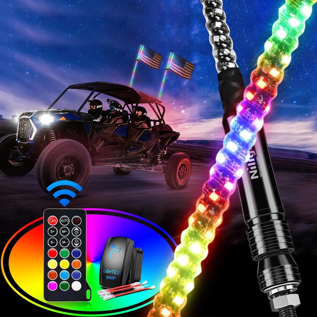 Nilight 2PCS 2FT Spiral RGB Led Whip Light w/RGB Chasing/Dancing Lights RF Remote Control Lighted Antenna Whips for Can-am ATV UTV RZR Polaris Dune Buggy 4-Wheeler Offroad Truck