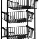 4-Tier Small Kitchen Storage Cart on Wheels, Metal Fruit Basket Stand with Pull-Out Baskets & Wood Top for Potato Onion Produce Snack Veggies