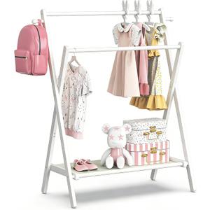 BAMBOOHOMIE Kids Clothing Rack, Small Clothes Rack for Toddler Pets, Kids Dress Up Rack with Storage Shelf & Double Rods, Foldable Kids Clothes Rack for Nursery Child's Room (Regular Size - White)