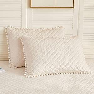 LIFEREVO 2 Pack Diamond Quilted Velvet Bed Pillowcases, Pom Poms Fringe Decorative Throw Pillow Shams Set of 2, Soft Bed Pillow Cases Zipper Closure for Teen's Girls Bedroom (Beige, Standard/Queen)