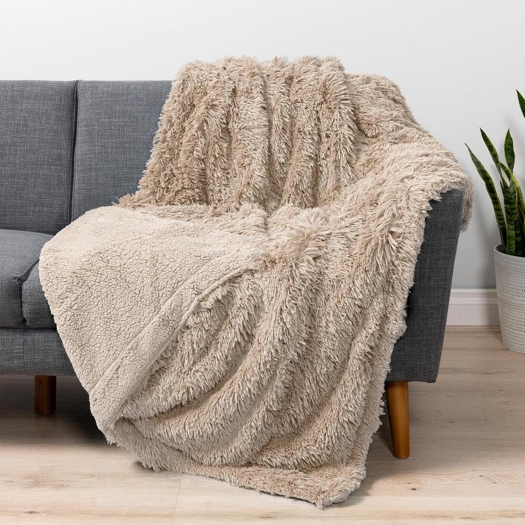 PAVILIA Taupe Tan Fluffy Throw Blanket for Couch, Fuzzy Blanket for Women Men, Furry Plush Warm Blanket Bed Sofa, Super Soft Thick Faux Fur Sherpa Blanket Throw, 50x60