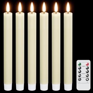 DRomance Ivory Flameless Flickering Taper Candles Battery Operated with Remote and Timer 6 Packs 3D Wick Vertical Stripe Real Wax LED Taper Candles Wedding Dinner Holiday Decor(0.78 x 9.64 Inch)