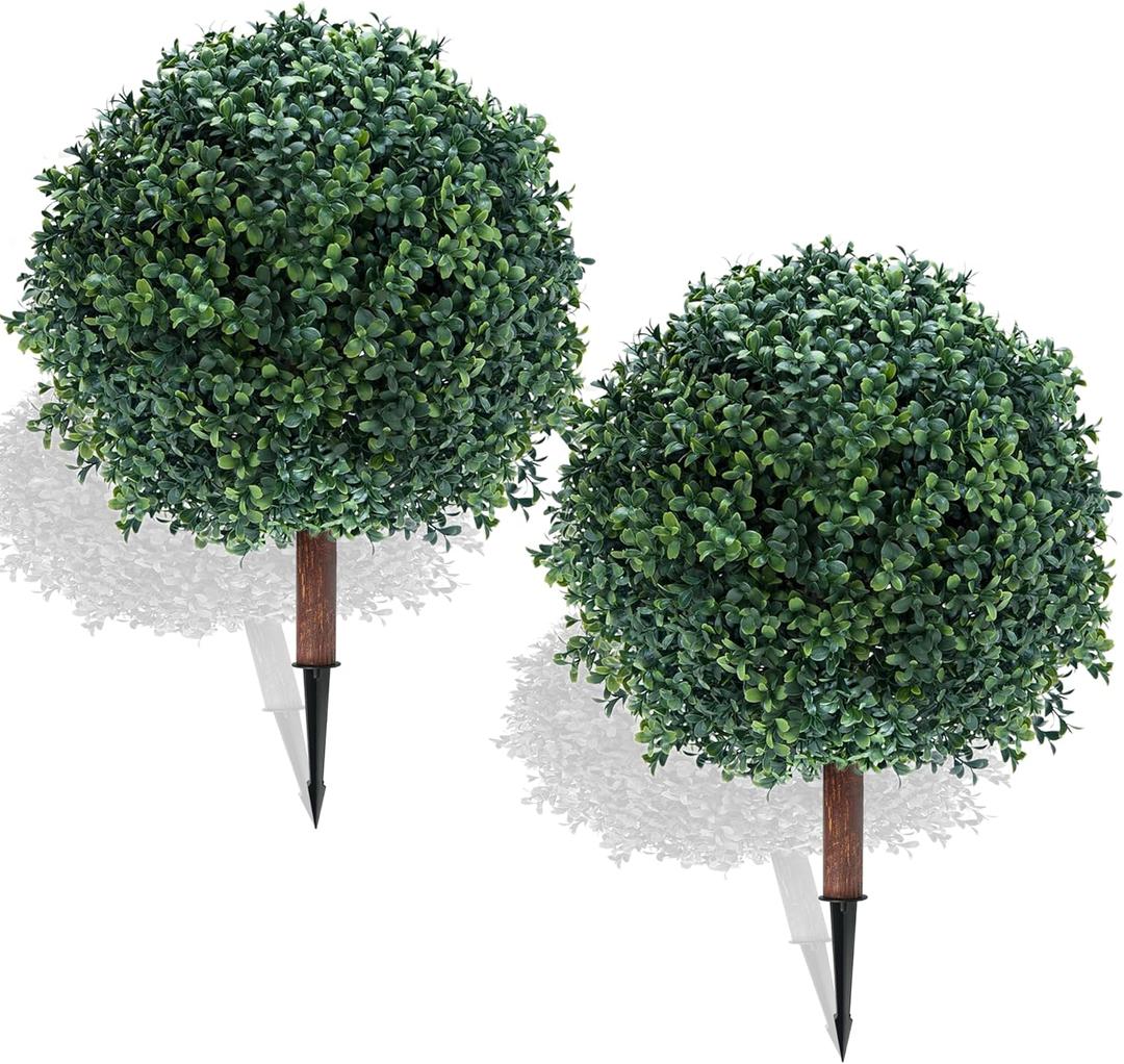 27.5" Artificial Boxwood Topiary Ball Tree with Ground Spike, Set of 2 Artificial Cedar Bushes, UV Resistant Faux Boxwoods Outdoor Plants Artificial for Porch Garden Front Porch Decor