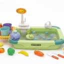 CUTE STONE Play Sink with Running Water, Kitchen Sink Toys with Upgraded Electric Faucet, Play Kitchen Toy Accessories, Pool Floating Fishing Toys for Water Play, Kids Role Play Dishwasher Toy