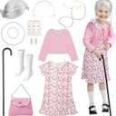 Old Lady Costume for Kids: 100 Days of School Costume for Girls 100th Day of School Granny Dress up Accessories with Wig, Glasses Wrinkle Tattoo Stickers, Cane, Jewelries, Grandma Cosplay Kit