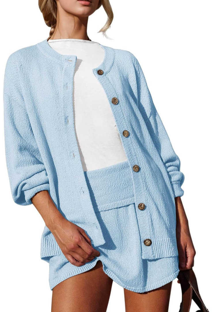 Tankaneo Womens 2 Piece Sweater Skirt Set Casual Long Sleeve Cardigan Outfits Knit Skirts Matching Lounge Sets S