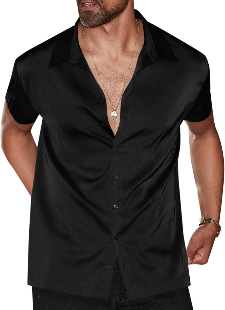 Runcati Mens Luxury Satin Silk Dress Shirts Casual Button Down Short Sleeve Prom Party Wedding Shirt, XL