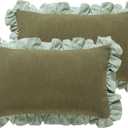 patdrea Shabby Chic Green Decorative Throw Pillow Covers 12x20 Set of 2, Farmhouse Linen Pillow Covers with Ruffles, Rectangle Sturdy Throw Pillow Case for Couch Sofa Bed Living Room