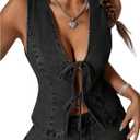 Milumia Women's Tie Bow Front Deep V Neck Denim Vest Sleeveless Jean Jacket (Medium, Black)