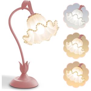 AQDZCNF Flower Table Lamp,LED Reading Light Bedside Vintage Flower Night Light,3 Colors Modes Kawaii Bedside Lamps Decor,Living Room Bedroom Room Lighting Table Lamps Home Decoration (Pink Pearls)