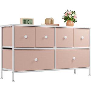 EnHomee Pink Dresser for Bedroom with 6 Drawers, Wide Dressers & Chests of Drawers, Organizer Unit with Fabric Dresser, TV Stand for Bedroom, Hallway, Pink