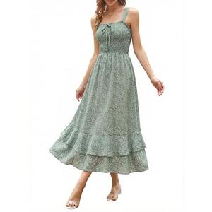 GRACE KARIN Women's 2025 Summer Floral Boho Dress Square Neck Strapped Swing A Line Sundress Beach Long Maxi OutfitsGreen L
