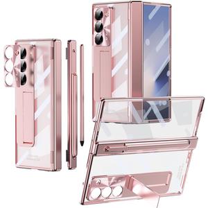 Ninki Compatible for Samsung Galaxy Z Fold 6 Case with S Pen Holder & S Pen, 5 in 1 Hinge Protective Stand Screen Protector for Samsung Z Fold 6 Phone Case - Women's Rose Pink