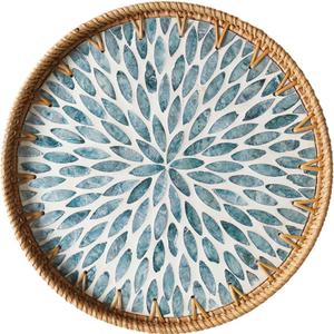 Round Rattan Tray with Mother of Pearl Inlay, Decorative Wicker Serving Tray with Wooden Base, Woven Basket Trays for Bread Fruits Coffee, Light Blue