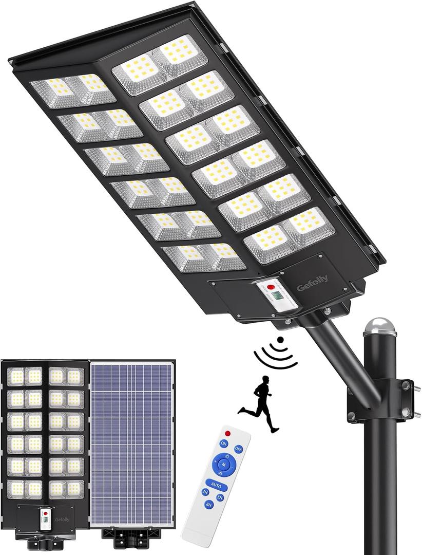 Gefolly SL-9800W Solar Street Lights Outdoor, 860000LM Commercial Parking Lot Light, 6500K Dusk to Dawn IP67 Security Flood Lights Motion Sensor Led Lamp for Basketball Court, Road, Yard, XXXL-9800