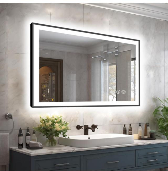 40x24 LED Bathroom Mirror - Black Aluminum Framed, Front and Backlit Mirror, Anti-Fog Framed Bathroom Vanity Mirror, Stepless Dimmable Lighted Mirror,3 Colors Smart Mirror(Horizontal/Vertical)