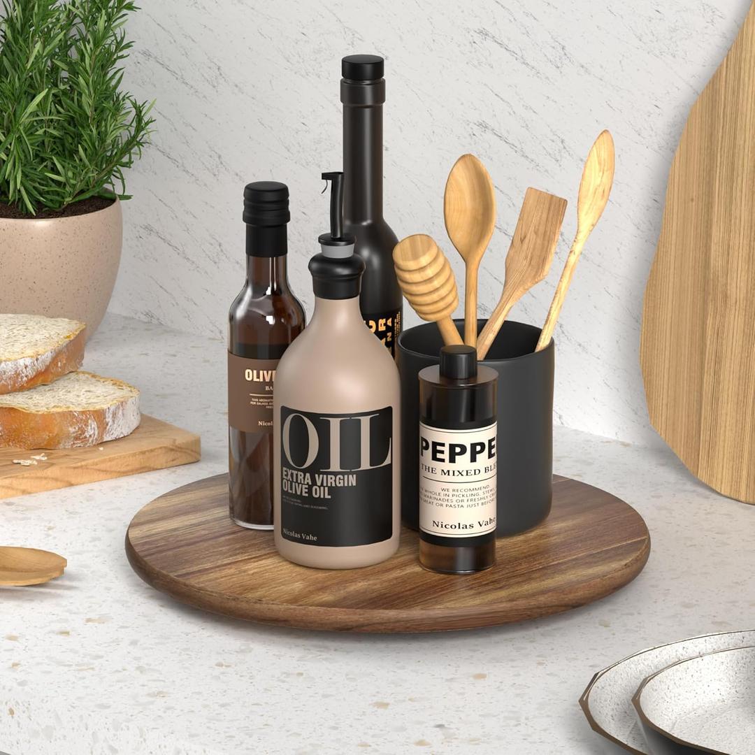 Lazy Susan for Table Top Bamboo Lazy Susan Turntable for Cabinet Kitchen Countertop Organizer for Condiment Bathroom Counter Organizer Decor Sink Tray Acacia Wood 12 Inch (Brown)