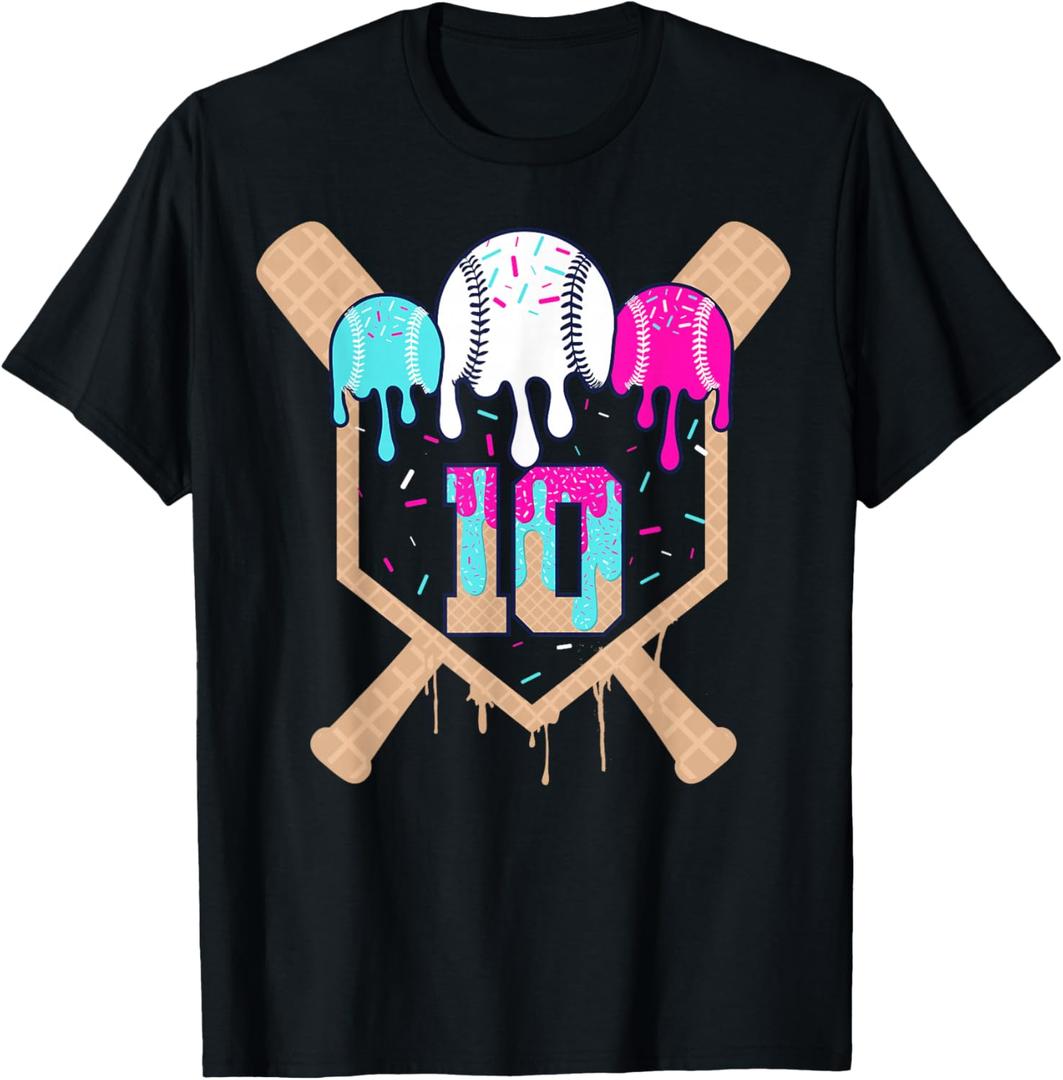 Baseball 10 Year Old Ice Cream Drip 10th Birthday Number 10 T-Shirt S