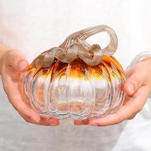 Arikyrist 5.1 x 4.1 Inch Glass Hand Blown Art Collectible Pumpkin Gifts for Friends, Fall Harvest Thanksgiving Halloween Art Golden Pumpkins Decoration for Home