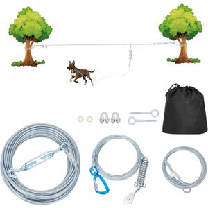 75ft Dog Runner for Yard Large Dog Heavy Duty with Double Shock Absorbers Tangle-Free Aerial Trolley System for Large Dogs Up to 250lbs(Silver) (Sliver)