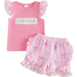 Toddler Baby Girl Easter Outfit Embroidery Flutter Sleeve T Shirt Plaid Ruffle Shorts 2 Piece Spring Set 12M-5T (Pink)