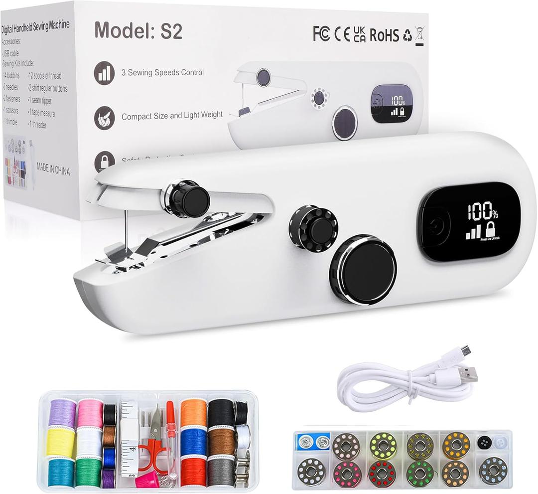 Sewing Machine with LED Display, Handheld Sewing Machine for Beginners, 3 Speed Adjustment Electric Mini Sewing Machine, Easy to Use and Fast Stitch Suitable for Clothes, Fabrics, DIY Home Travel