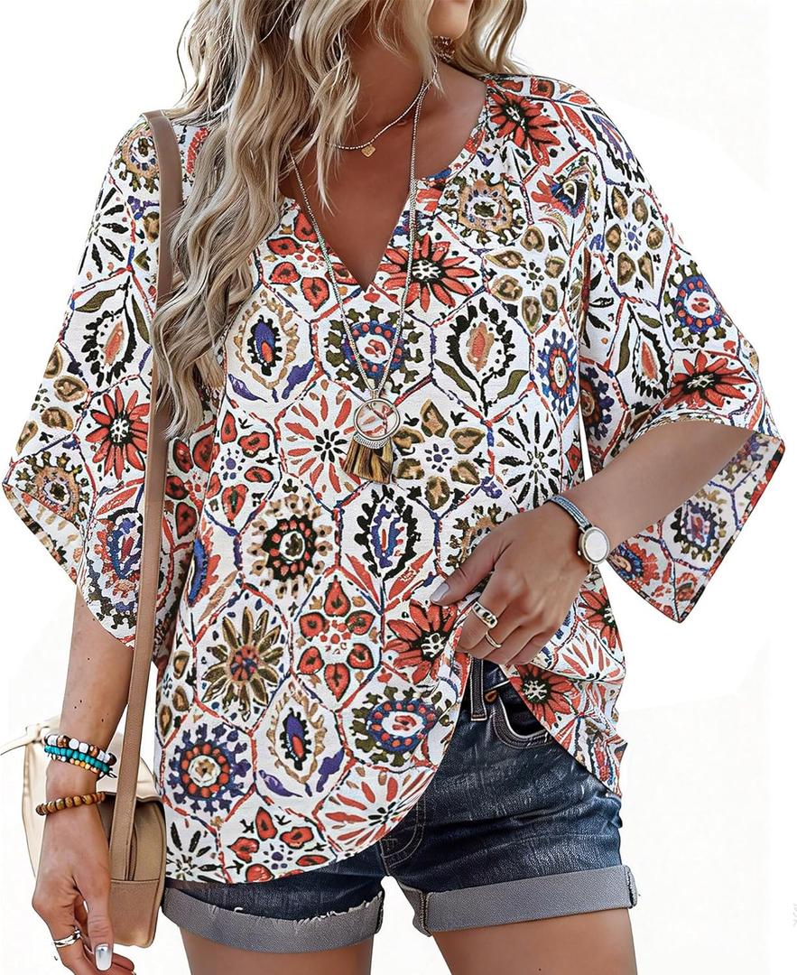 Womens Boho Tops 3/4 Sleeve V Neck Cotton Tunic Flowy Shirt – Casual Loose Fit Summer Bohemian Peasant Blouse, Size: L