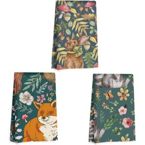 3Pcs Animal Flower Kitchen Towels, Fox Bunny Microfiber Dish Cloth Tea Towel, Reusable Waffle Hand Towels for Bathroom kitchen Home Farmhouse Decor, Raccoon Gifts for Women Mom Friend, 24x14 Inch (Multi 1346)