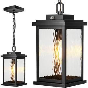 Gleamz Large Outdoor Pendant Lights, Black Dusk to Dawn Outdoor Pendant Lights for Porch, Aluminum Hanging Porch Light with E26 Socket, Waterproof Exterior Hanging Lighting Fixtures for Gazebo Balcony