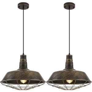 Brass Industrial Pendant Lights 2 Packs, 18.1 Inch Oversized Farmhouse Vintage Pendant Light, Black and Brass Barn Pendant Light with Wire Cage, Island Pendant Lights for Kitchen Warehouse