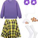 JcHrmers Shaking Fish Bag Costume Purple Sweatshirt Yellow Plaid Skirt Knee High Socks Hair Ties Goldfish Fake Braces, Size Large