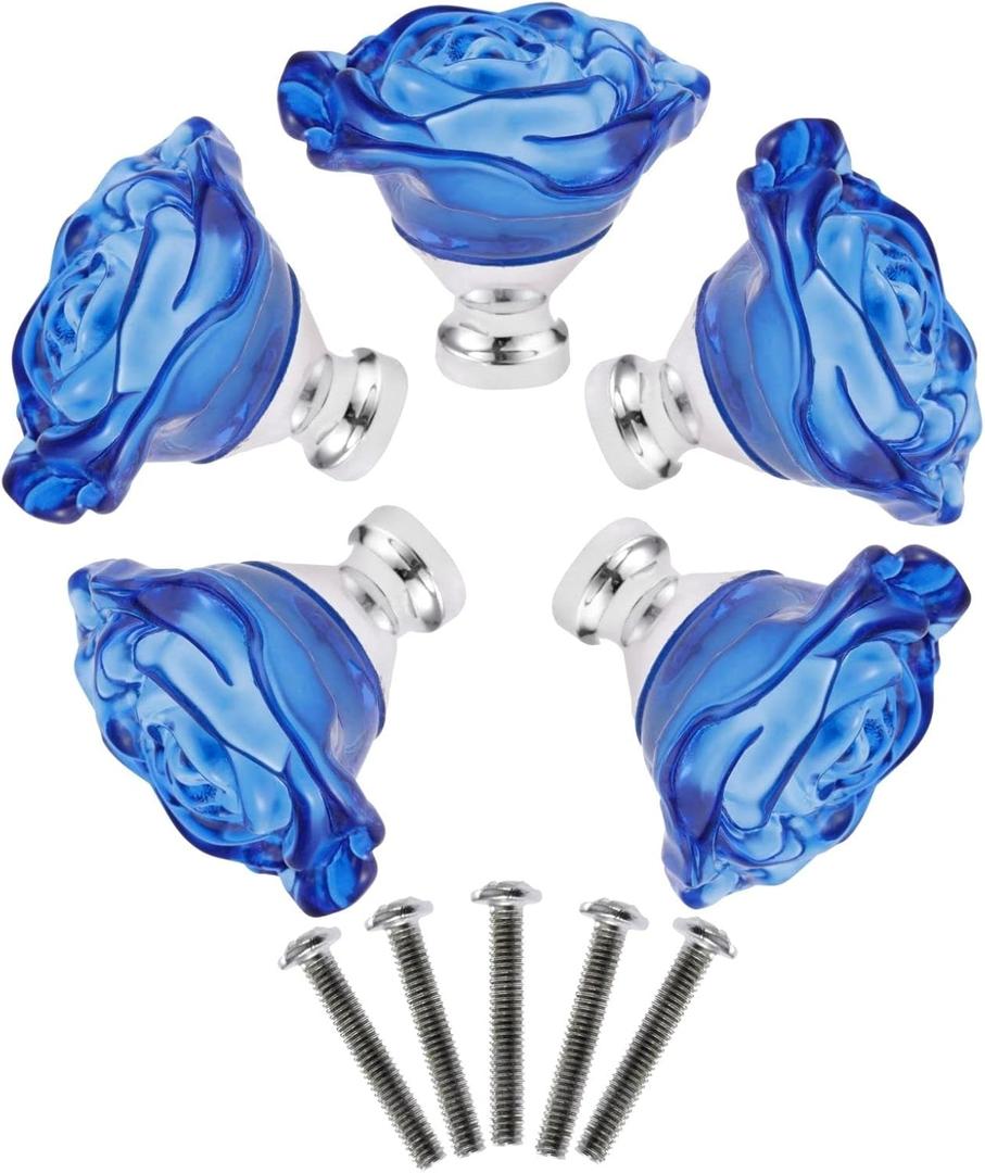 Yetaha Blue Crystal Drawer Knobs, 5PCS Rose Shape Glass Handles Flower Decorative Cabinet Pulls for Dresser Cupboard Bathroom Furniture Hardware Decoration, with Screws
