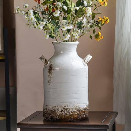 Quoowiit Ceramic Rustic Farmhouse Vase, 14 Inch Distressed Decorative Flower Vase for Home Decor, Large White Vase for Living Room Bedroom Kitchen Office Decor Centerpiece Table Decorations