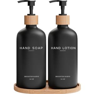 Black Glass Soap and Lotion Dispenser Set with Tray by Brighter Barns - Liquid Hand Soap Dispenser and Pump - Bamboo Bathroom Accessories & Modern Bathroom Decor (Black)