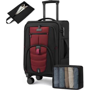 Carry On Luggage 22x14x9 Airline Approved, 22-Inch Suitcases with Spinner Wheels, Softside Carry-on Luggage with TSA Lock for Men Women Business Trip, Lightweight Large Capacity Luggage for Travel (Black&Red)