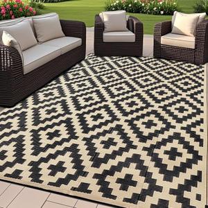 SAND MINE Reversible Mats, Plastic Straw Rug, Modern Area Rug, Large Floor Mat and Rug for Outdoors, RV, Patio, Backyard, Deck, Picnic, Beach, Trailer, Camping, Black & Beige, 6' x 9'
