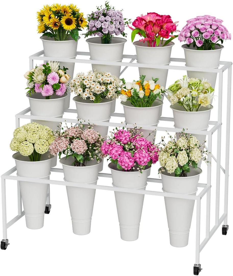 Flower Stand, 3-Tier Flower Display Stand with Buckets for Indoor Outdoor, Flower Cart Display Stand with Wheels for Courtyard, Balcony, Flower Shop, Wedding, Party, Exhibition (White)