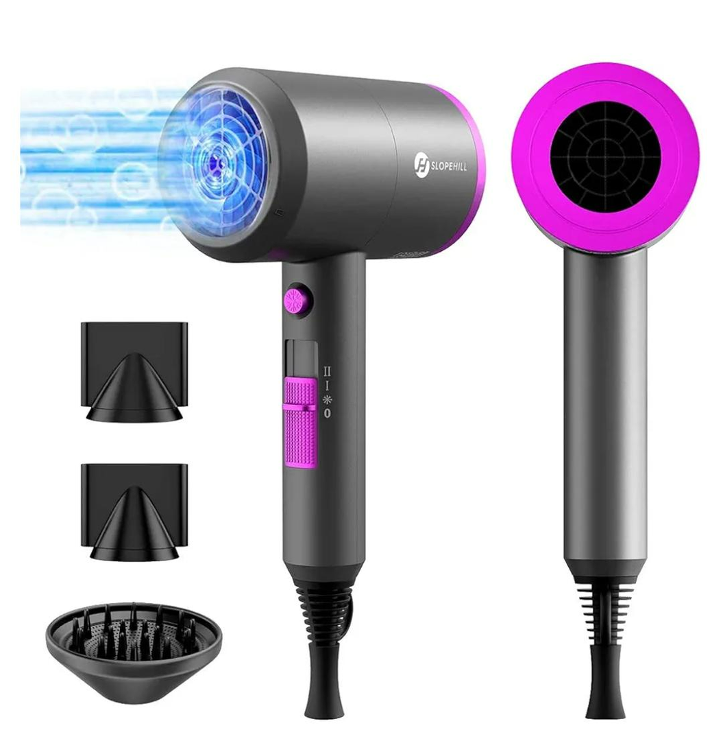 slopehill Professional Ionic Hair Dryer, Powerful 1800W Fast Drying Low Noise Blow Dryer with 2 Concentrator Nozzle 1 Diffuser Attachments for Home Salon Travel