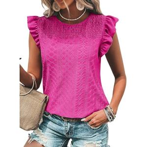Dokotoo Ladies Tops Cute Shirts for Women Summer 2025 Trendy Blouses Women Dressy Casual Business Babydoll Crochet Lace Tunic Spring Cruise Outfits Fashion Tshirts Boho Resort Wear 2025 Bright Pink Large