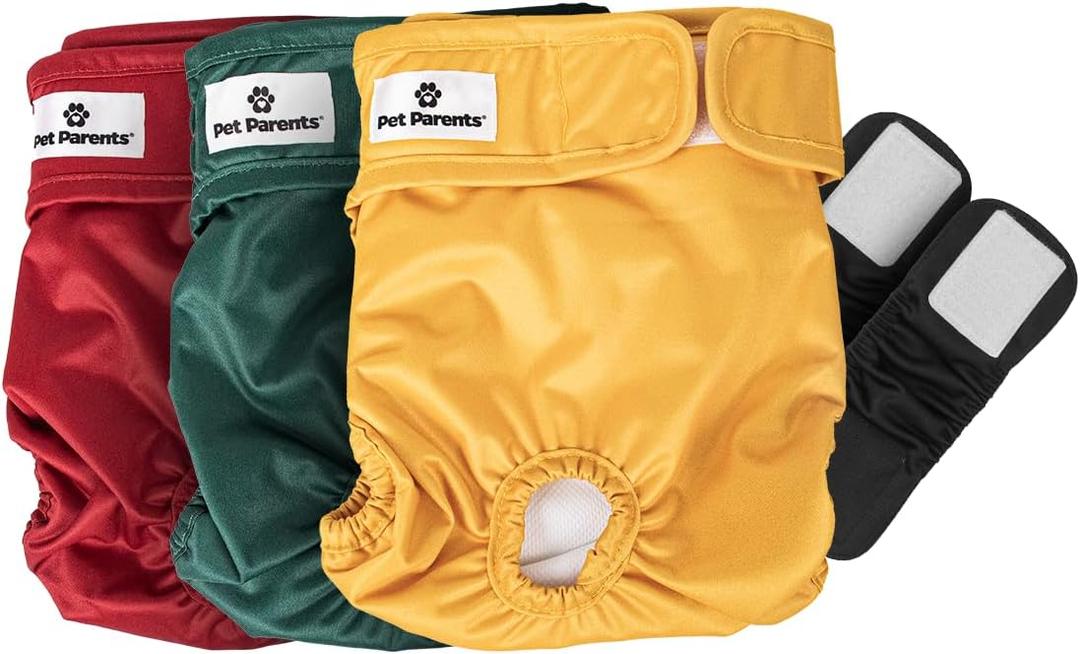 Pet Parents Washable Dog Diapers (3pack) + Extendrs of Durable Doggie Diapers, Premium Dog Diapers Female (Large, Samba)