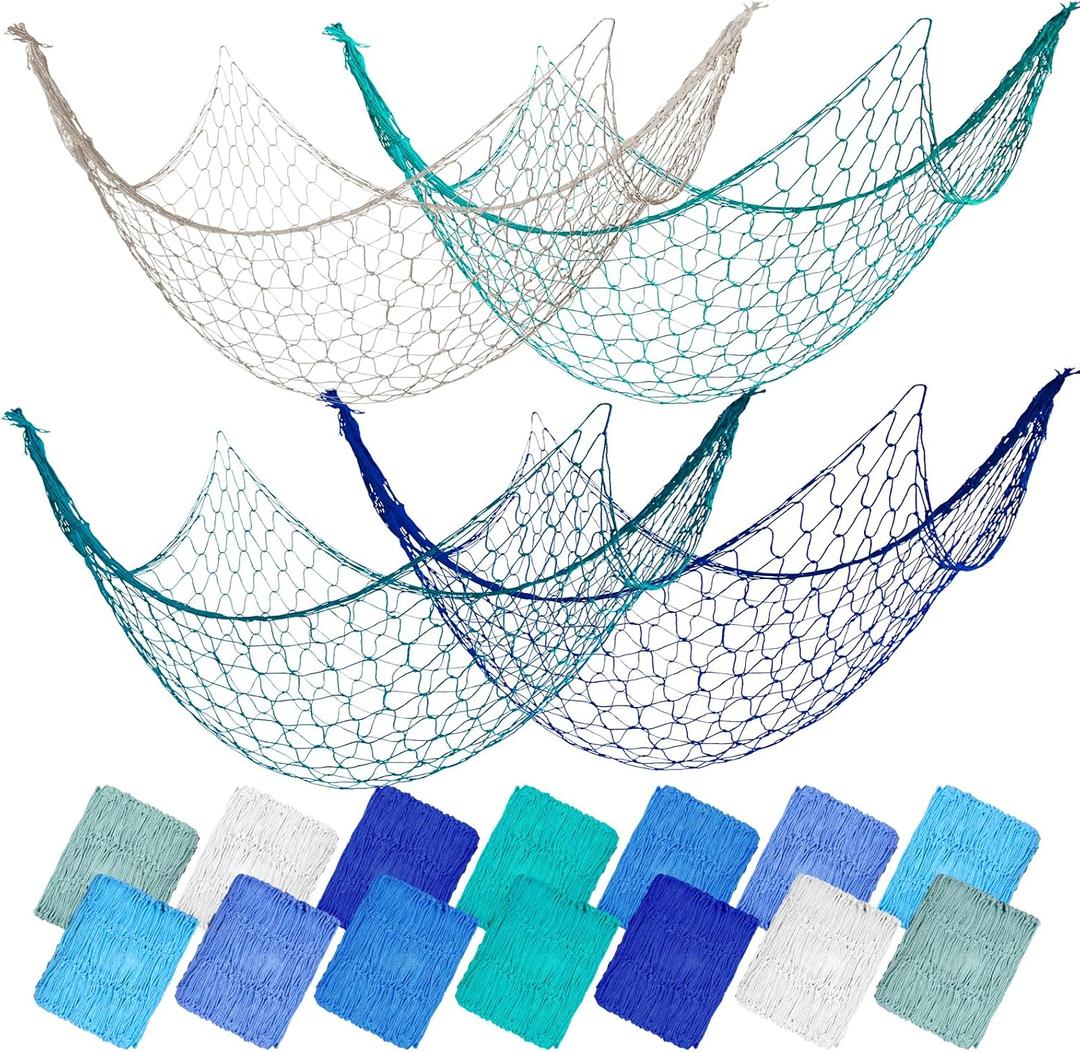 14 Pack Natural Fish Netting Decorative 80 x 40 Inch Beach Ocean Decoration Fish Net Photo Decorations Pirate Nautical Sea Party Decorations Picture for Wall Hanging (7 Colors)