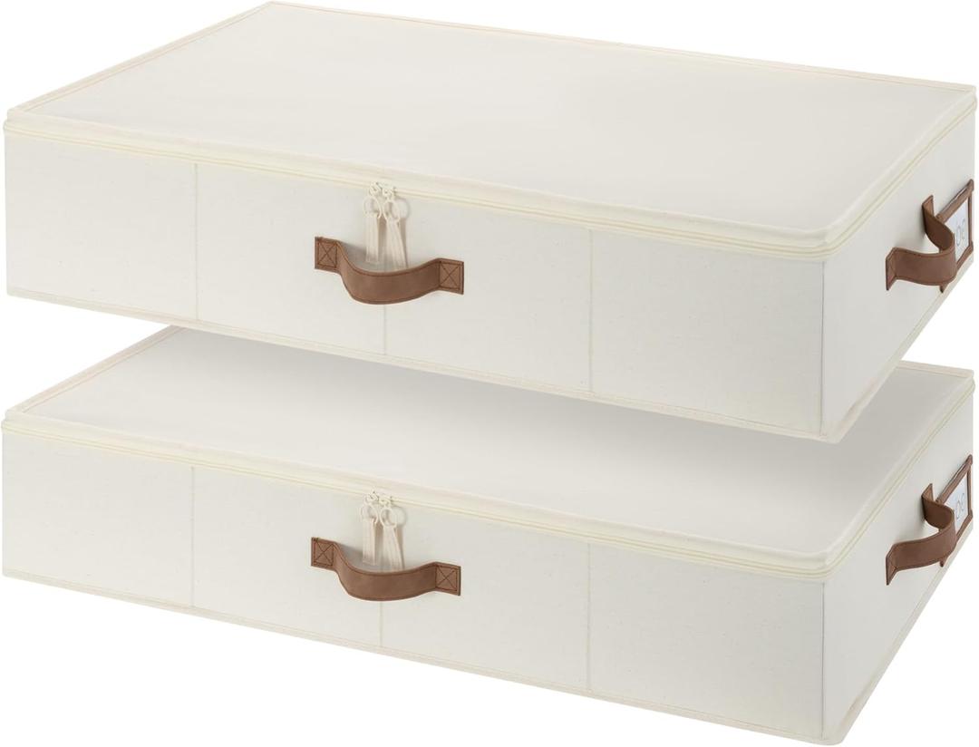 StorageWorks Underbed Storage Containers with Lids, 2-Pack 6" Low Profile Under Bed Organizers for Clothes, Bedding and Sweaters, 53L Large Fabric Storage Bins, Foldable Space Saving, Beige (Medium)