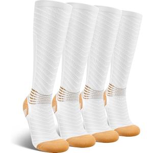 IRAMY Copper Compression Socks for Men Women 15-20 mmHg Ankle Support V-Shape Gradient Compression Coolmax Wicking Knee High Socks, White, 2 Pairs, Large