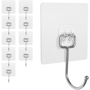 Adhesive Wall Hooks for Hanging - 60lb Heavy Duty Waterproof & Rustproof, Sticky Hooks for Walls No Damage, Kitchen/Bathroom/Rental (Ganchos para Pared) 10-Pack (transparency)